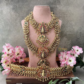Vriksham Unique Peacock Floral 1 gm gold Temple Bridal Set-Red Green-Gold Bead-G18823